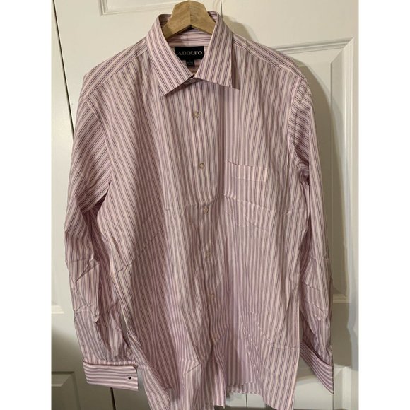 Adolfo Button Up Shirt Men's Size L 16/16 1/2‎ 34/35 Pink Striped - Picture 3 of 8